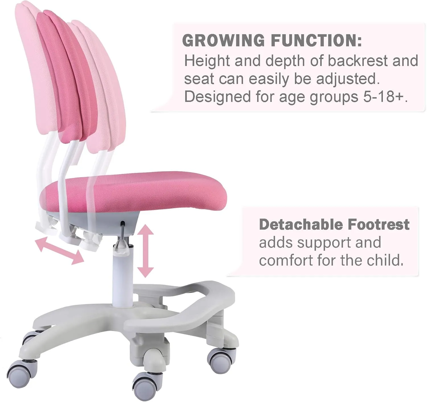 Ergonomic Kids Desk Chair, Girl's Child's Children Student Study Office Computer Chair, Adjustable Height and Seat Depth, Detachable Footrest and Lumbar Support (Pink, W/Chair Slipcovers)