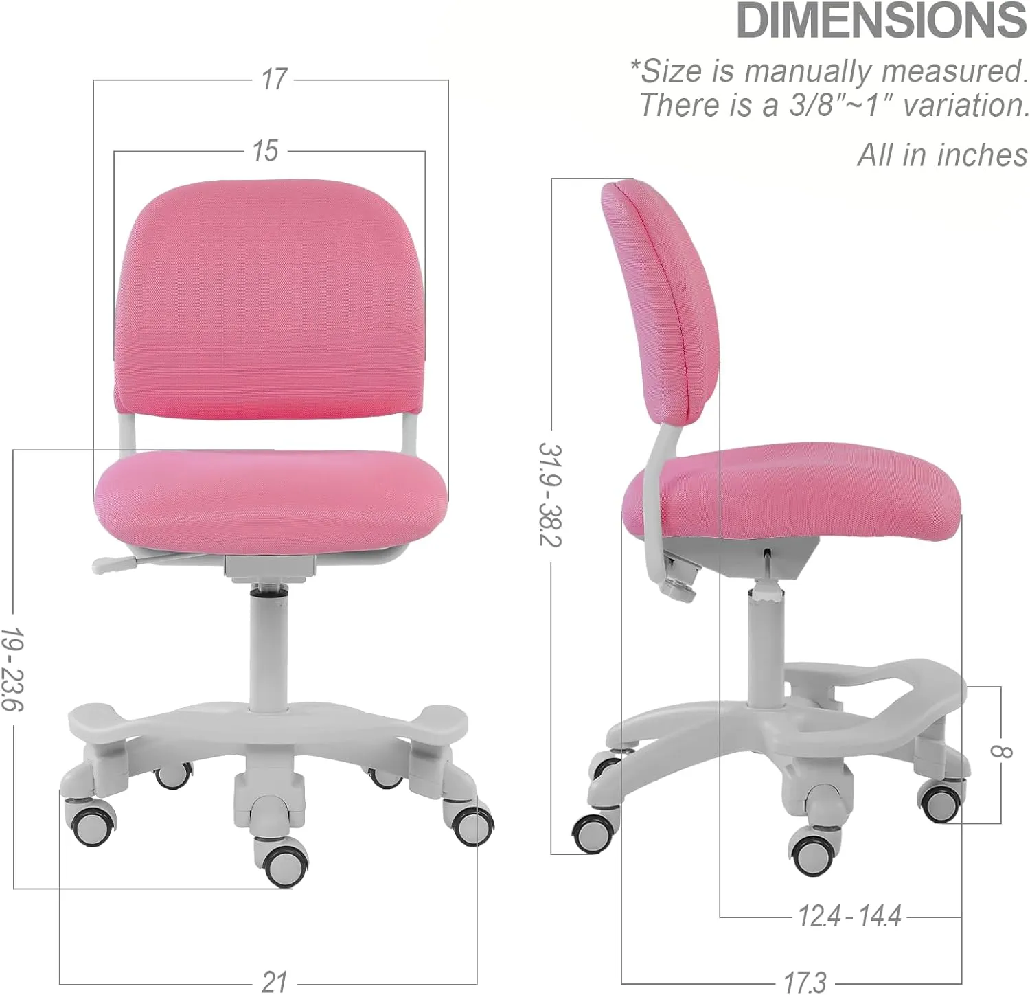 Ergonomic Kids Desk Chair, Girl's Child's Children Student Study Office Computer Chair, Adjustable Height and Seat Depth, Detachable Footrest and Lumbar Support (Pink, W/Chair Slipcovers)
