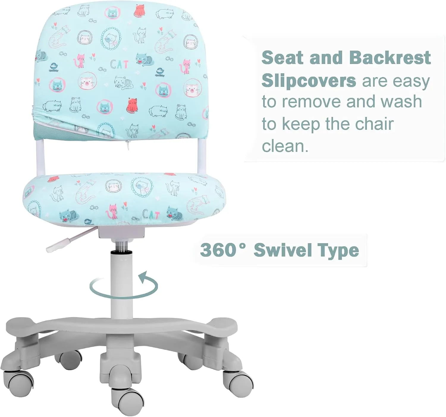 Ergonomic Kids Desk Chair, Girl's Child's Children Student Study Office Computer Chair, Adjustable Height and Seat Depth, Detachable Footrest, Lumbar Support (Green Cat, W/Chair Slipcovers)