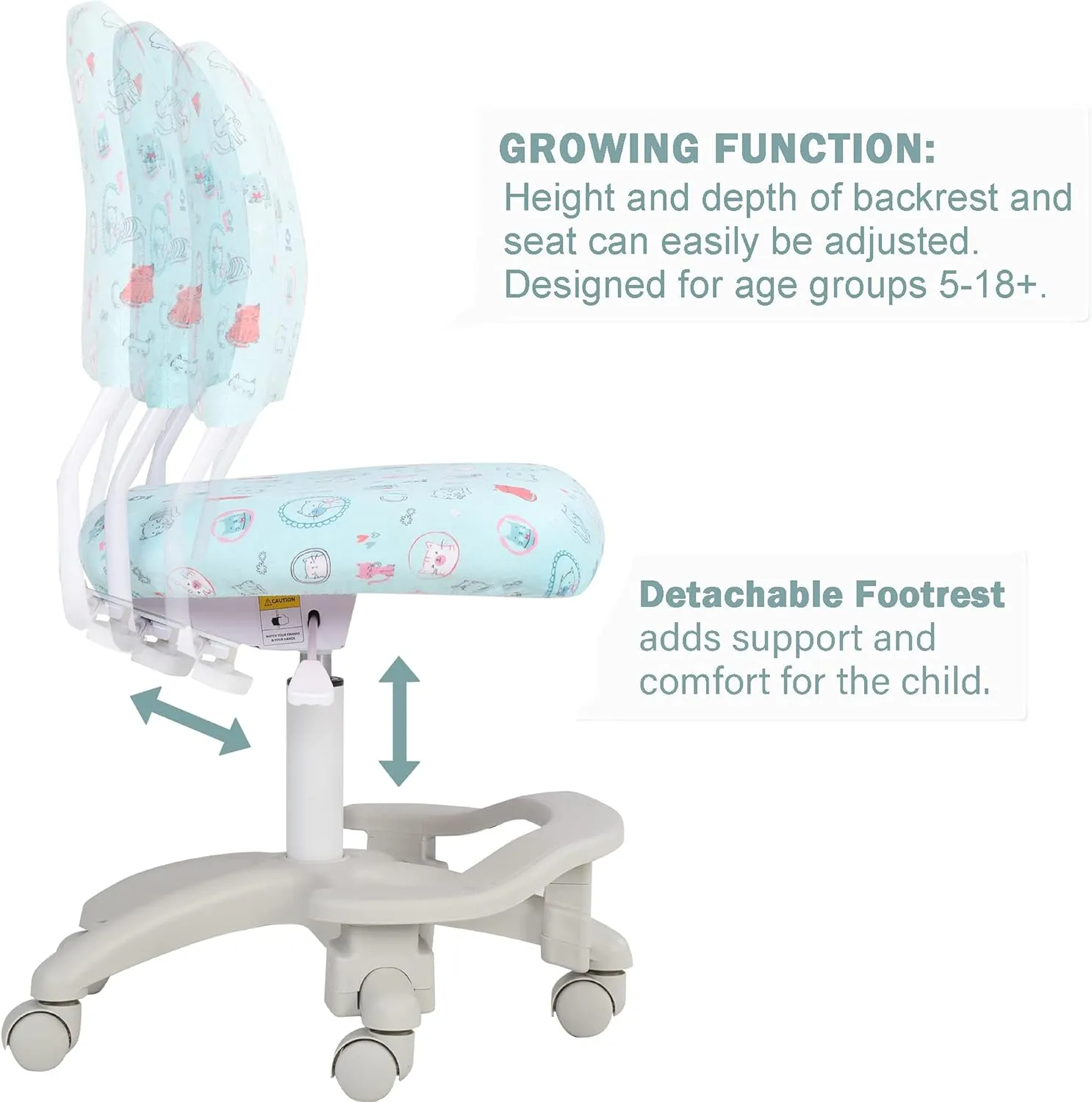 Ergonomic Kids Desk Chair, Girl's Child's Children Student Study Office Computer Chair, Adjustable Height and Seat Depth, Detachable Footrest, Lumbar Support (Green Cat, W/Chair Slipcovers)