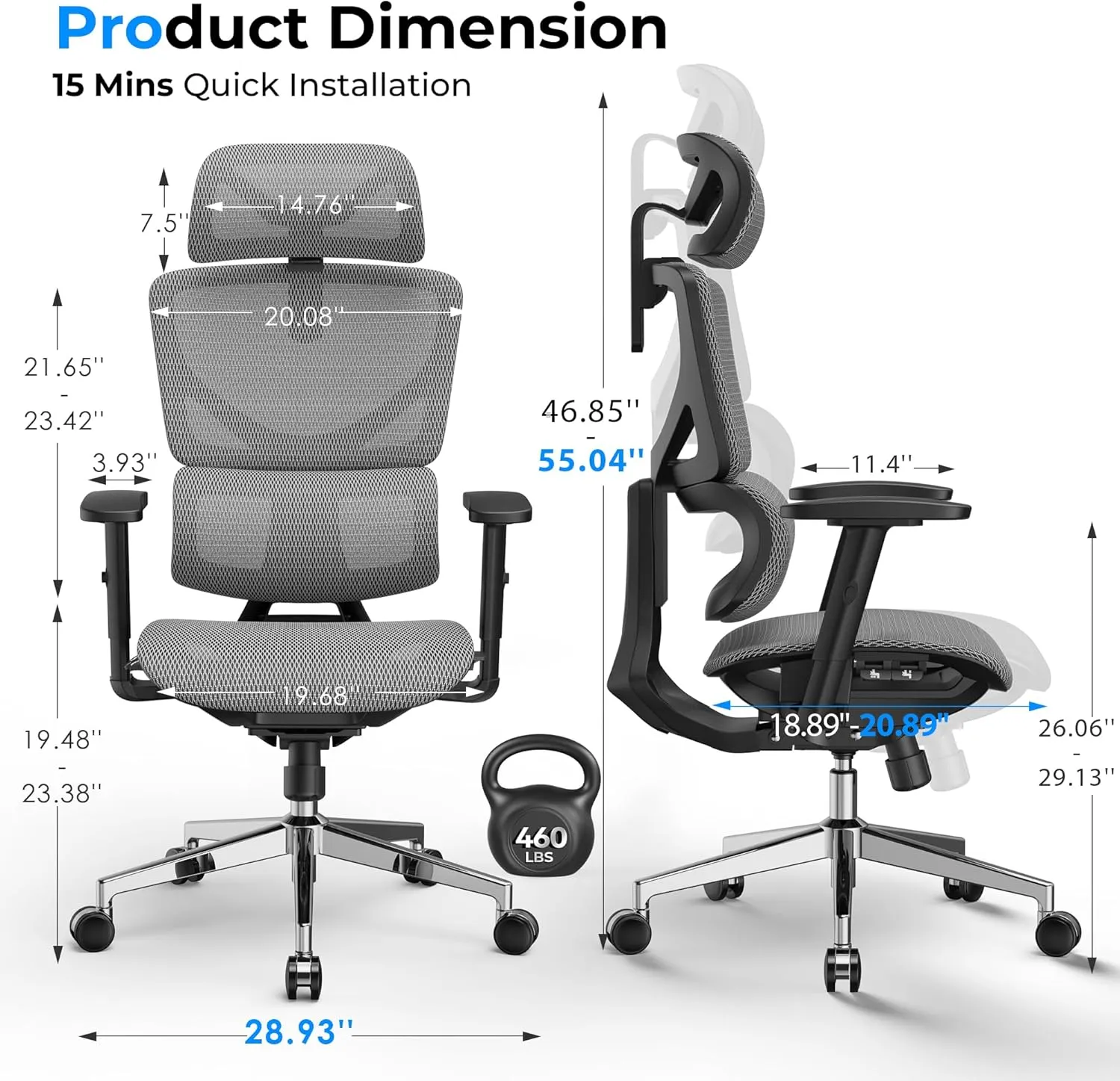 Ergonomic Mesh Office Chair - 6‘6“ Big & Tall Home Office Desk Chairs Seat Depth Adjustable with Lumbar Support - Back Height Adjustable Computer Task Chair with Headrest