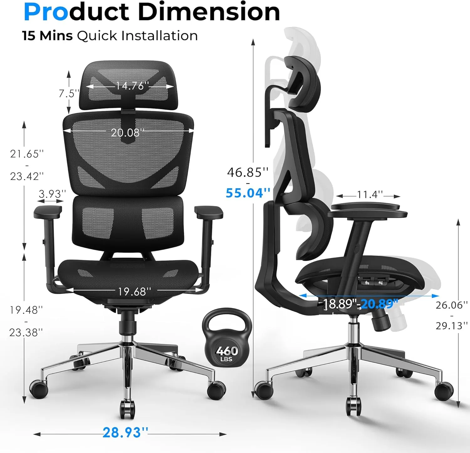 Ergonomic Mesh Office Chair - 6‘6“ Big & Tall Home Office Desk Chairs Seat Depth Adjustable with Lumbar Support - Back Height Adjustable Computer Task Chair with Headrest