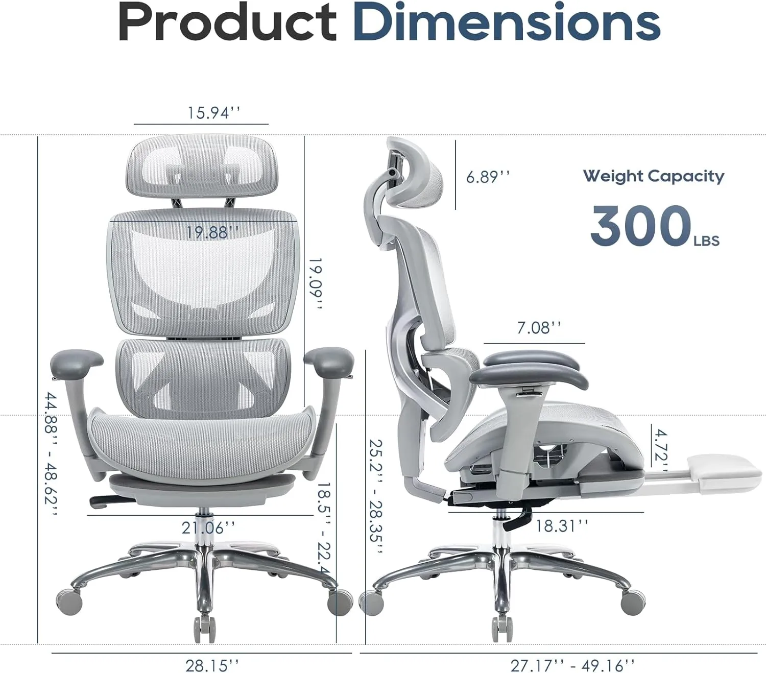 Ergonomic Mesh Office Chair with Footrest, Executive High Back Computer Desk Chair with Wide Headrest and Adjustable 3D Arms, Backrest, Tilt Lock and Lumbar Support-Grey