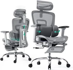 Ergonomic Office Chair 3-Zone Dynamic Lumbar Support Adjustable Headrest,SGS Class 4 Gas Clylinder and Flip-Up Armrests Retractable Footrest Multi-Functional Office Chair
