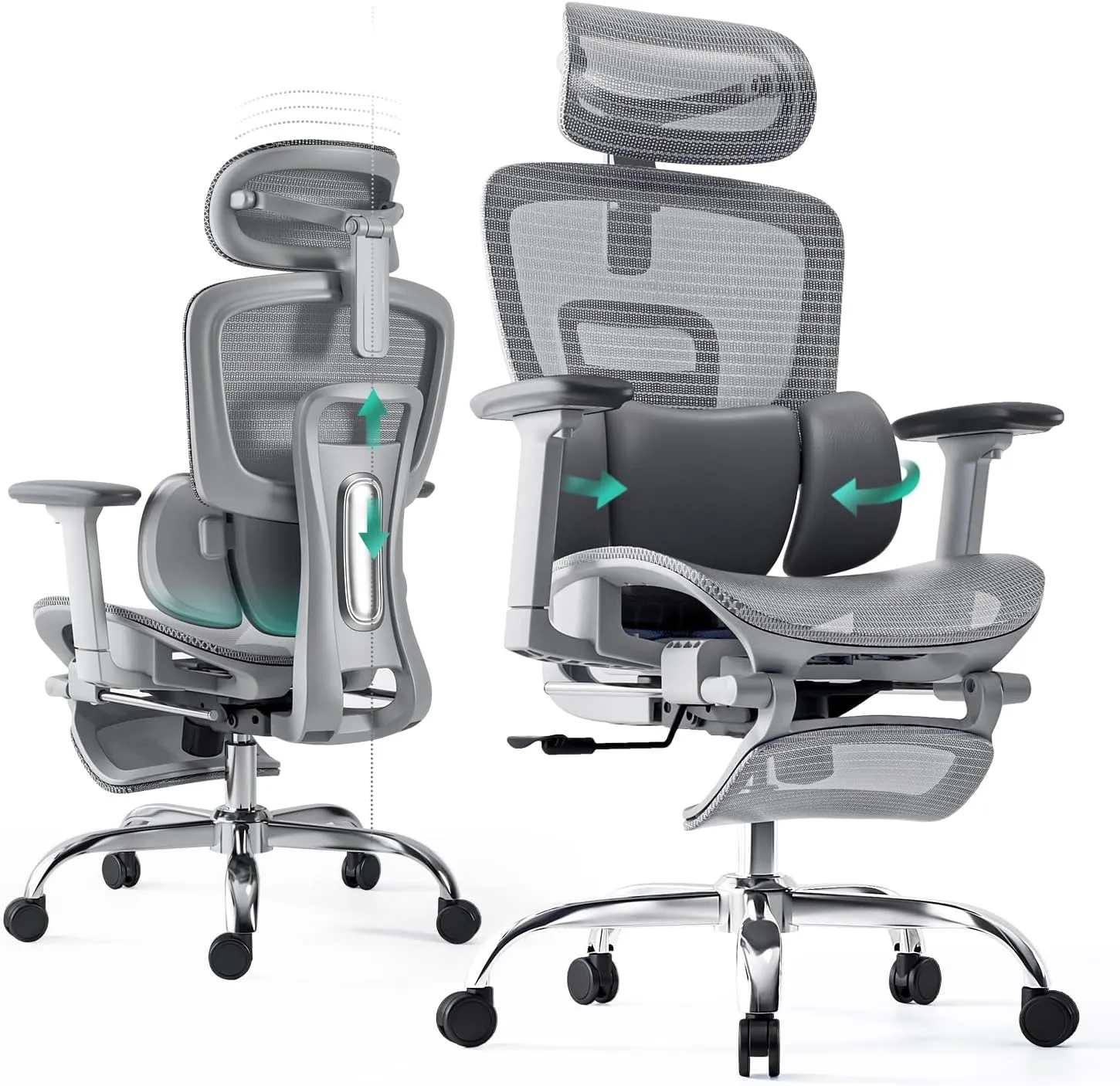 Ergonomic Office Chair 3-Zone Dynamic Lumbar Support Adjustable Headrest,SGS Class 4 Gas Clylinder and Flip-Up Armrests Retractable Footrest Multi-Functional Office Chair
