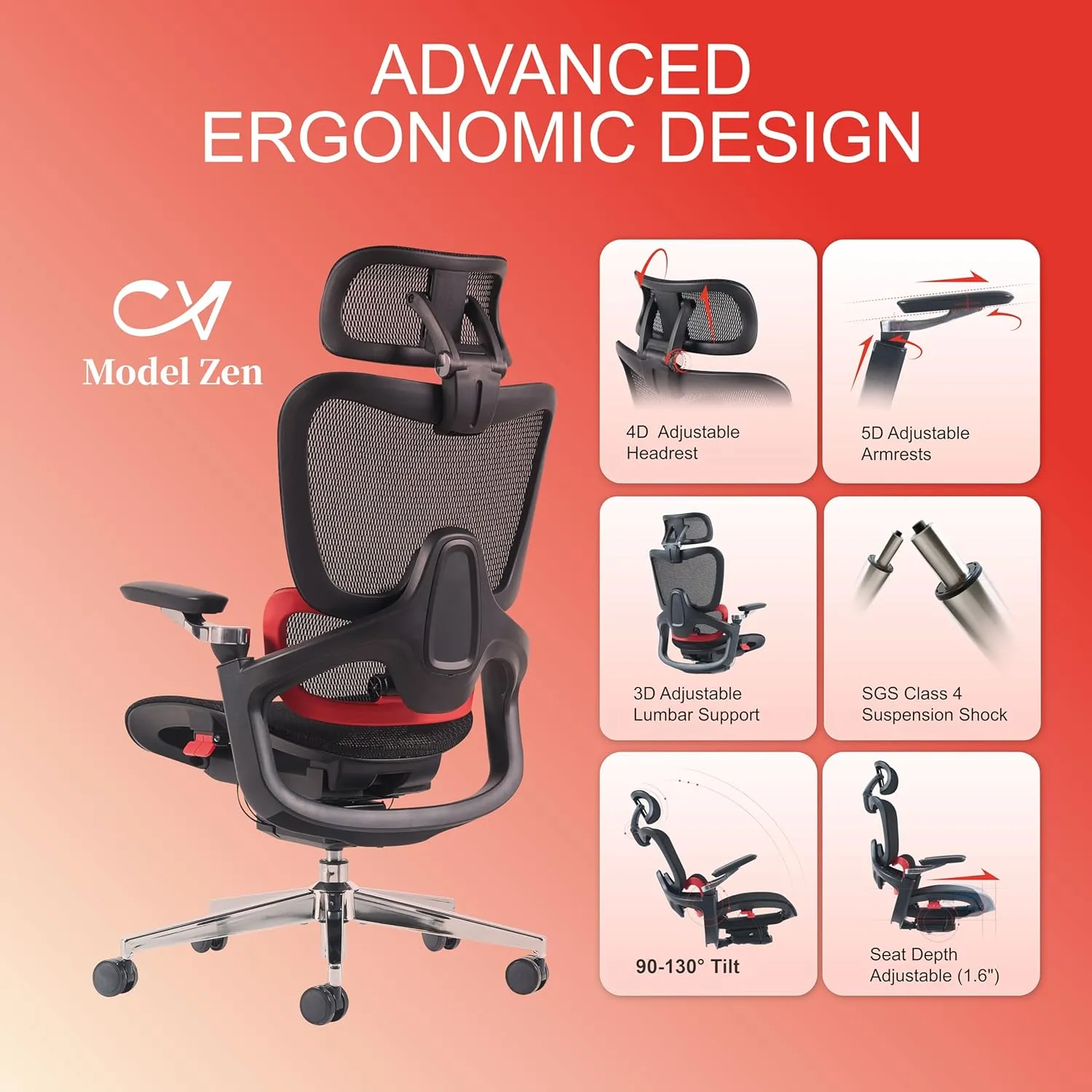 Ergonomic Office Chair, Big and Tall Mesh Computer Gaming Chair with Adaptive Lumbar Support, Work Chair with Headrest, 5D Armrest,90-130°Tilt, BIFMA Certified, Model Zen (Red)