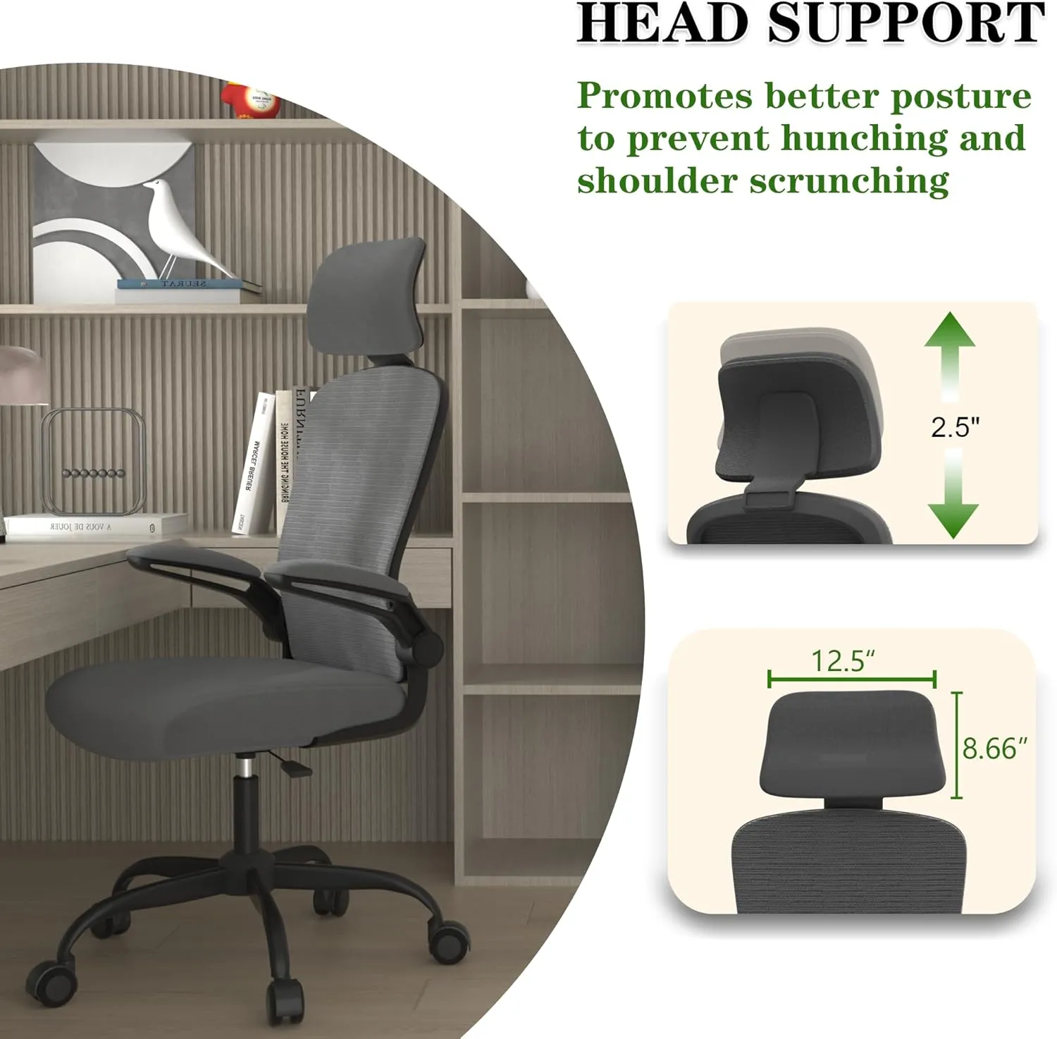 Ergonomic Office Chair for Long Hours & Back Pain Relief – Adjustable Lumbar Support & Headrest, High-Density Foam Cushion, Flip-Up Armrests, Perfect for Work & Study, Dark Grey