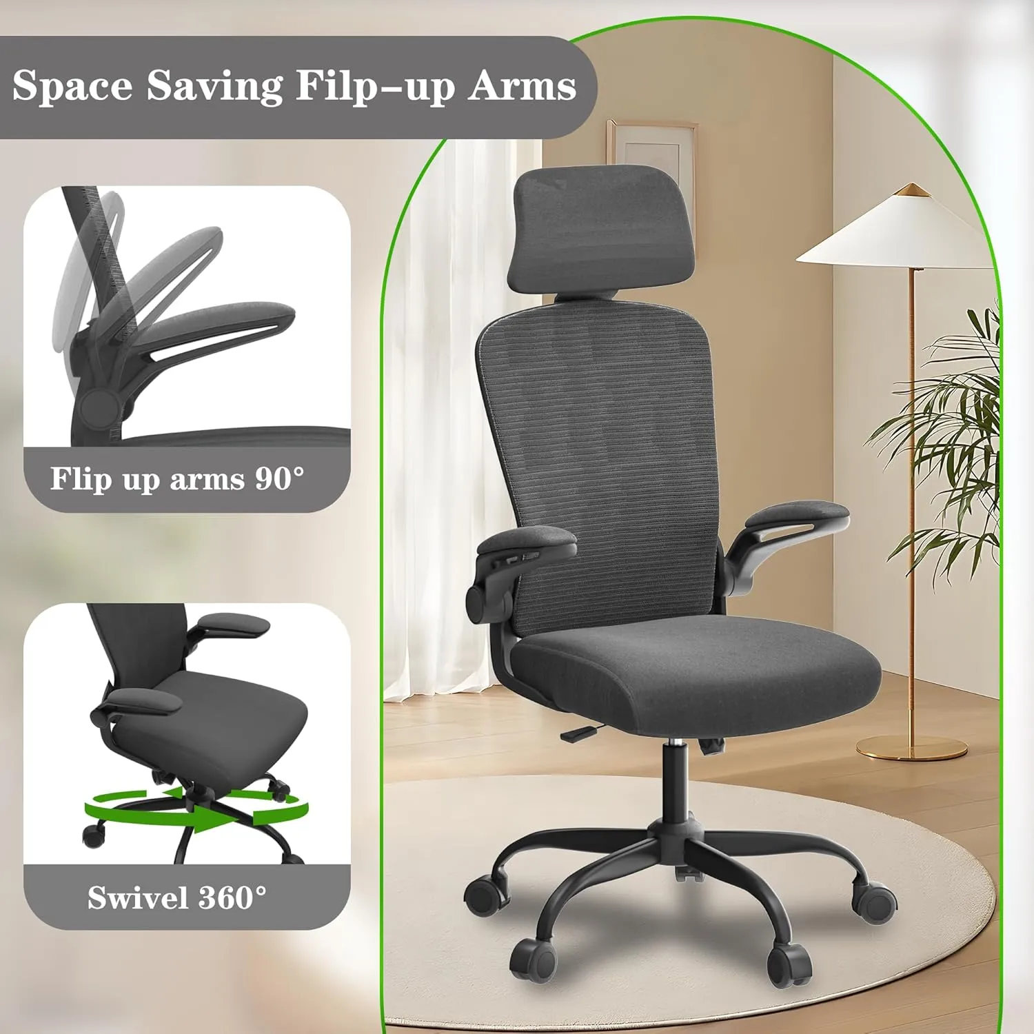 Ergonomic Office Chair for Long Hours & Back Pain Relief – Adjustable Lumbar Support & Headrest, High-Density Foam Cushion, Flip-Up Armrests, Perfect for Work & Study, Dark Grey