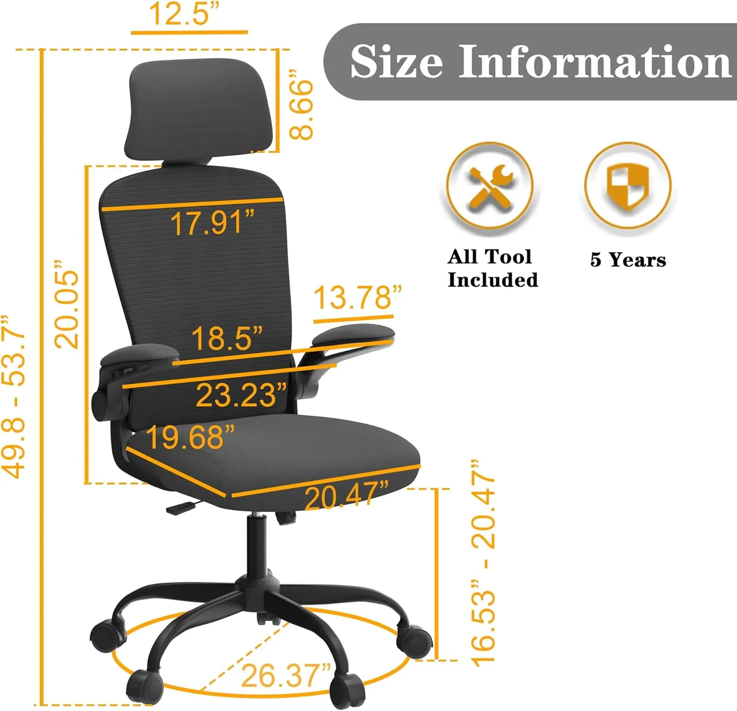 Ergonomic Office Chair for Long Hours & Back Pain Relief – Adjustable Lumbar Support & Headrest, High-Density Foam Cushion, Flip-Up Armrests, Perfect for Work & Study, Dark Grey