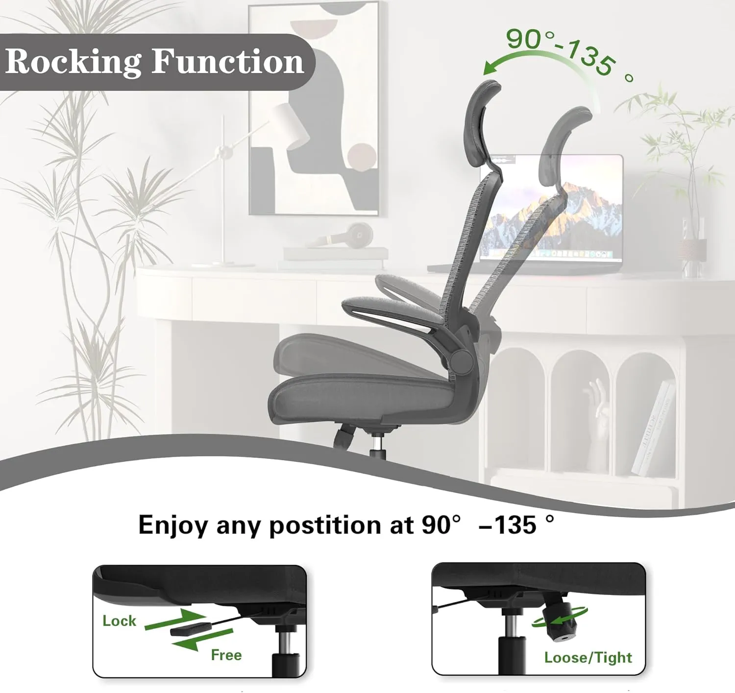 Ergonomic Office Chair for Long Hours & Back Pain Relief – Adjustable Lumbar Support & Headrest, High-Density Foam Cushion, Flip-Up Armrests, Perfect for Work & Study, Dark Grey