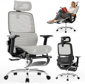 Ergonomic Office Chair, High Back Desk Chairs with Retractable Footrest, Breathable Mesh, Adjustable Headrest, 3D Armrests, Lumbar Support, Tilt Function, Comfy Swivel Computer Gaming Chair