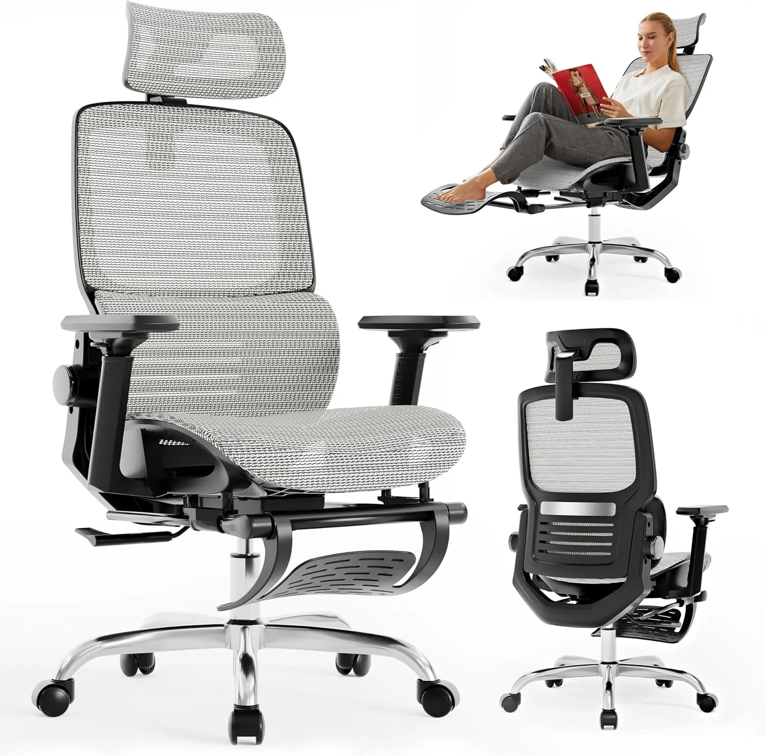 Ergonomic Office Chair, High Back Desk Chairs with Retractable Footrest, Breathable Mesh, Adjustable Headrest, 3D Armrests, Lumbar Support, Tilt Function, Comfy Swivel Computer Gaming Chair