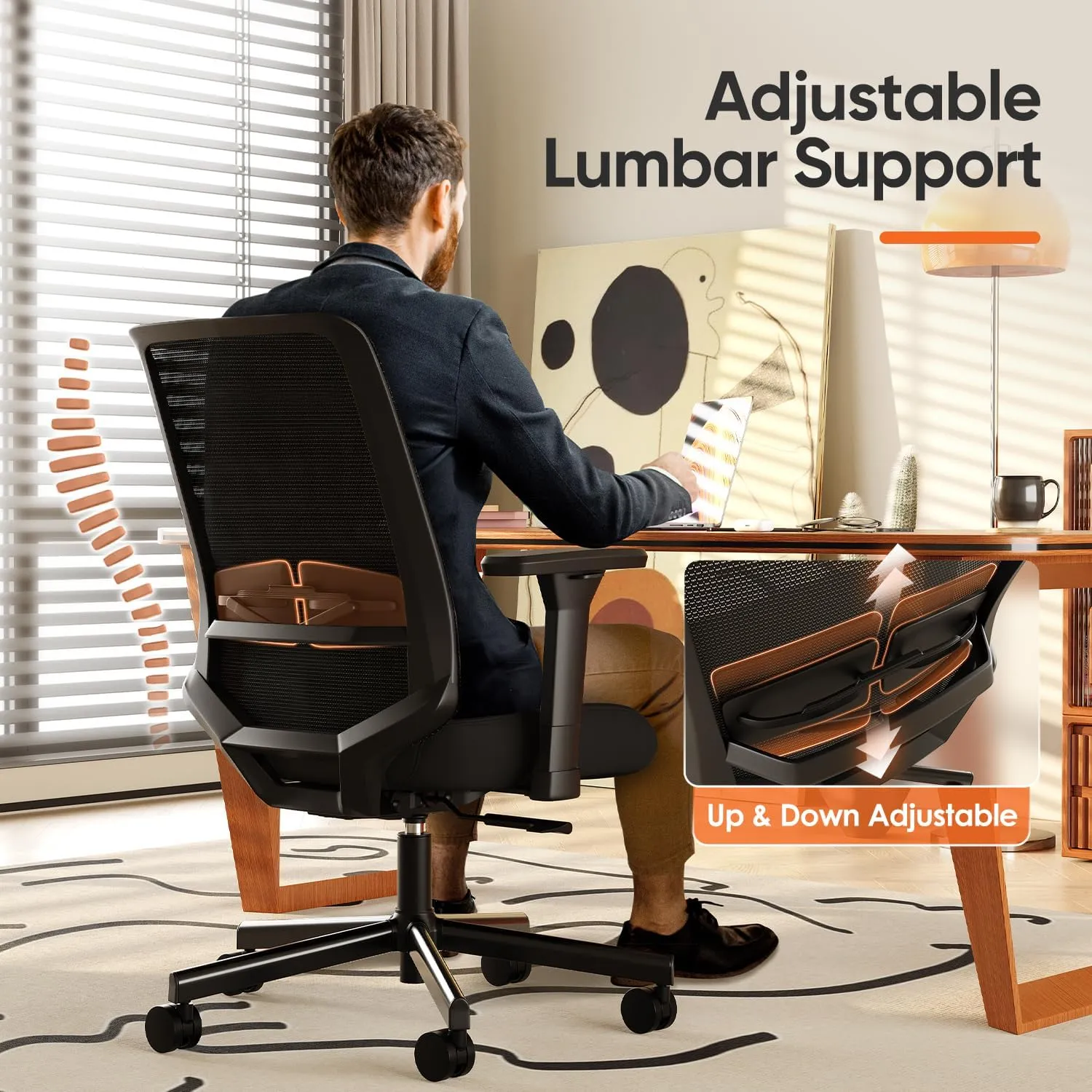 Ergonomic Office Chair, Mesh Computer Desk Chairs with Adjustable Lumbar Support, 3D Armrests, Tilt Function, Comfy Wide Seat, Swivel Executive Work Task Chair for Company and Home