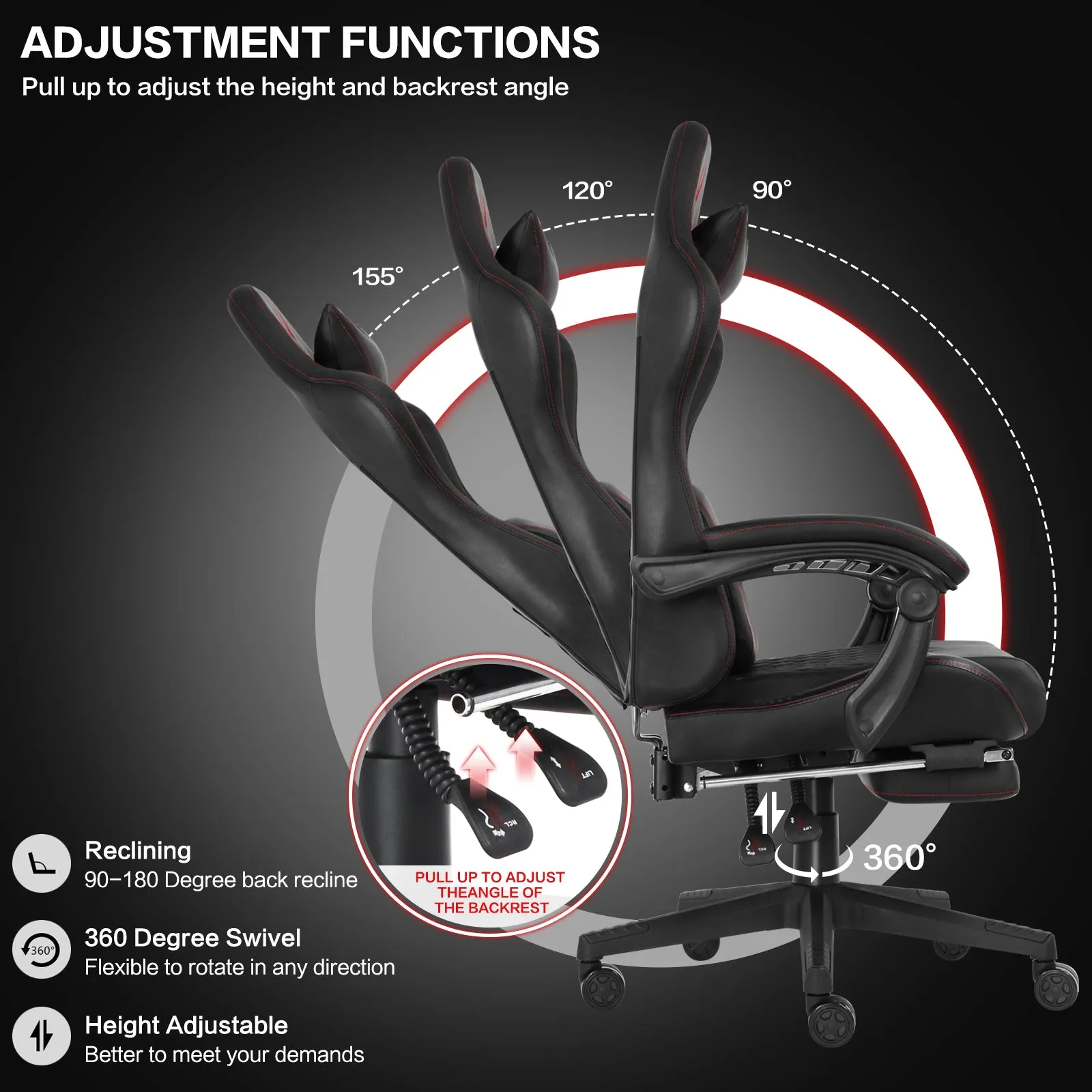 Ergonomic Video Gaming Chair with Footrest, Lumbar Support, Headrest | 360° Swivel Computer Chair Height Adjustable Reclining Recliner with Linkage Armrests for Game Room, Home Office, Black