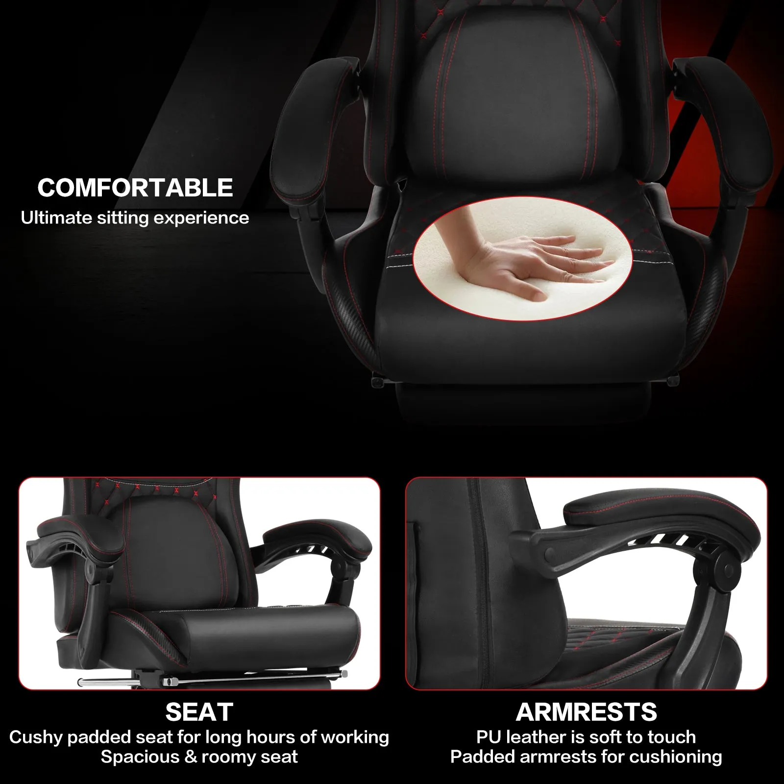 Ergonomic Video Gaming Chair with Footrest, Lumbar Support, Headrest | 360° Swivel Computer Chair Height Adjustable Reclining Recliner with Linkage Armrests for Game Room, Home Office, Black