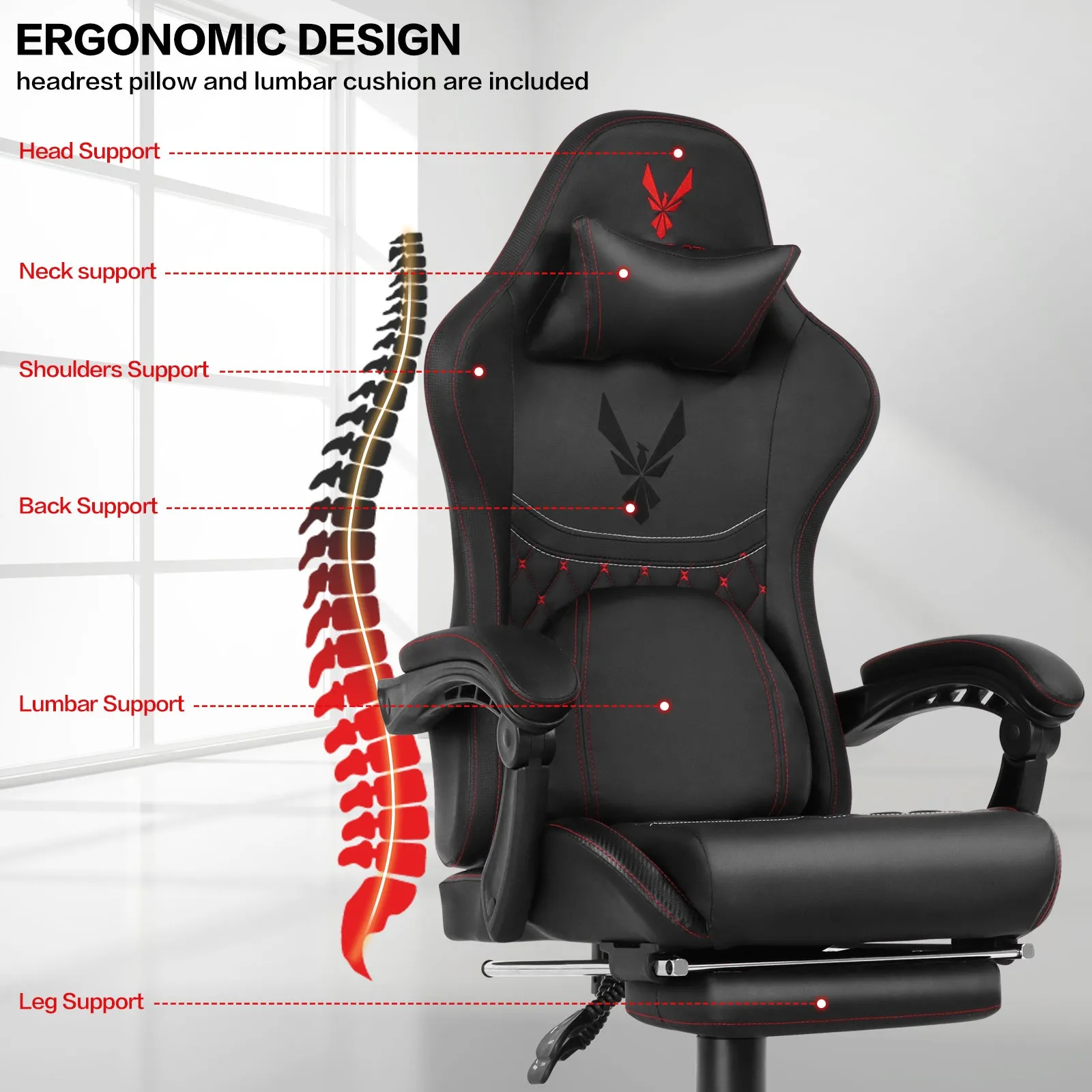Ergonomic Video Gaming Chair with Footrest, Lumbar Support, Headrest | 360° Swivel Computer Chair Height Adjustable Reclining Recliner with Linkage Armrests for Game Room, Home Office, Black