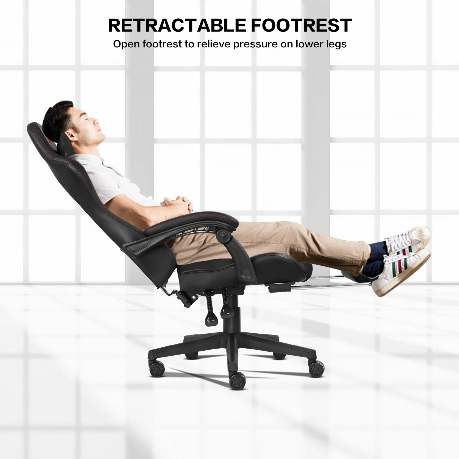 Ergonomic Video Gaming Chair with Footrest, Lumbar Support, Headrest | 360° Swivel Computer Chair Height Adjustable Reclining Recliner with Linkage Armrests for Game Room, Home Office, Black