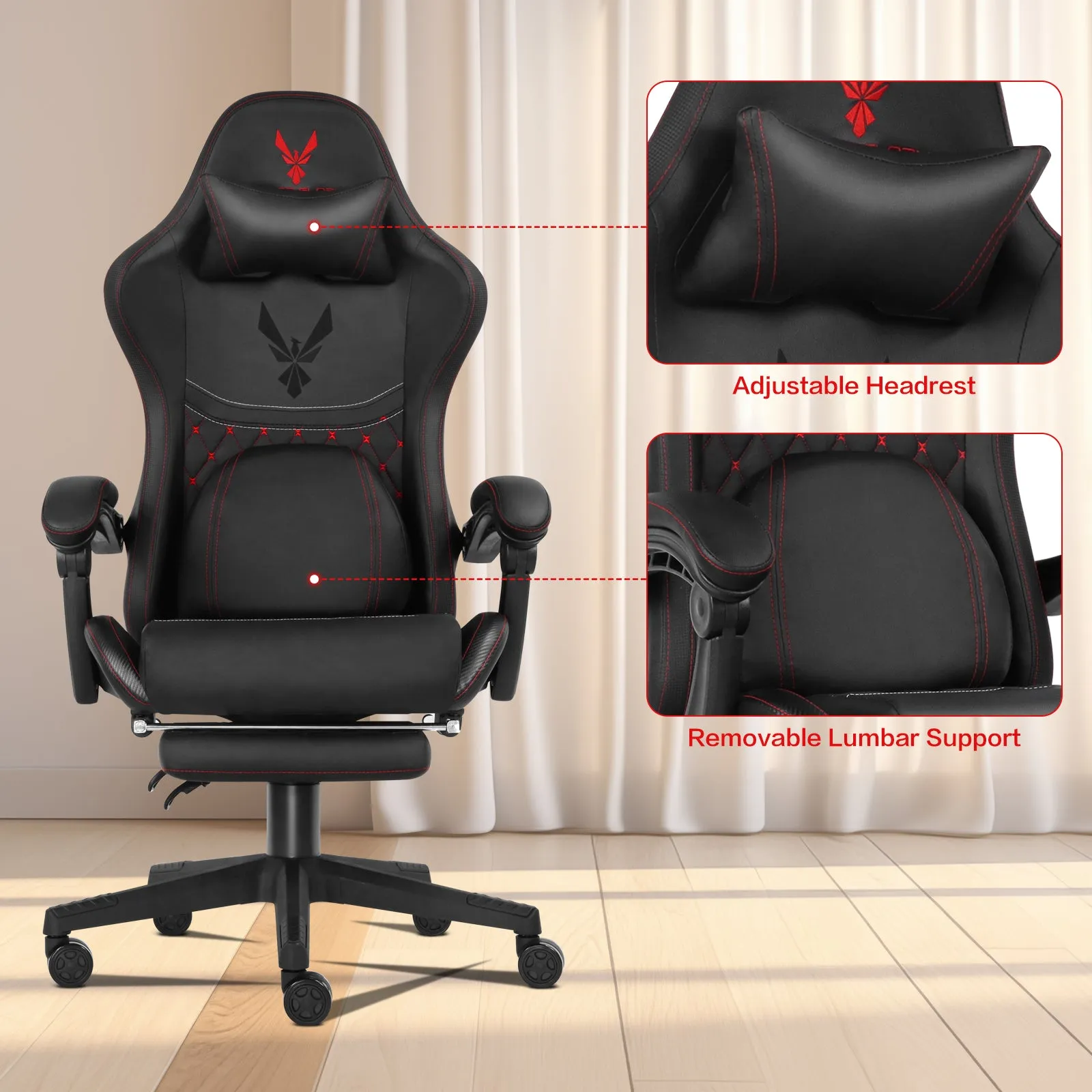 Ergonomic Video Gaming Chair with Footrest, Lumbar Support, Headrest | 360° Swivel Computer Chair Height Adjustable Reclining Recliner with Linkage Armrests for Game Room, Home Office, Black