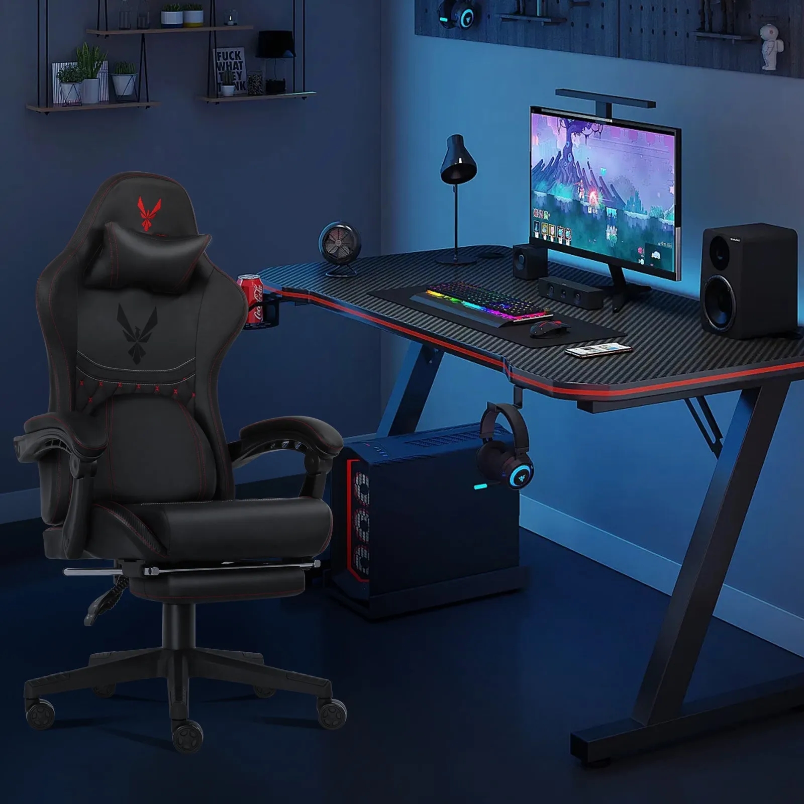 Ergonomic Video Gaming Chair with Footrest, Lumbar Support, Headrest | 360° Swivel Computer Chair Height Adjustable Reclining Recliner with Linkage Armrests for Game Room, Home Office, Black