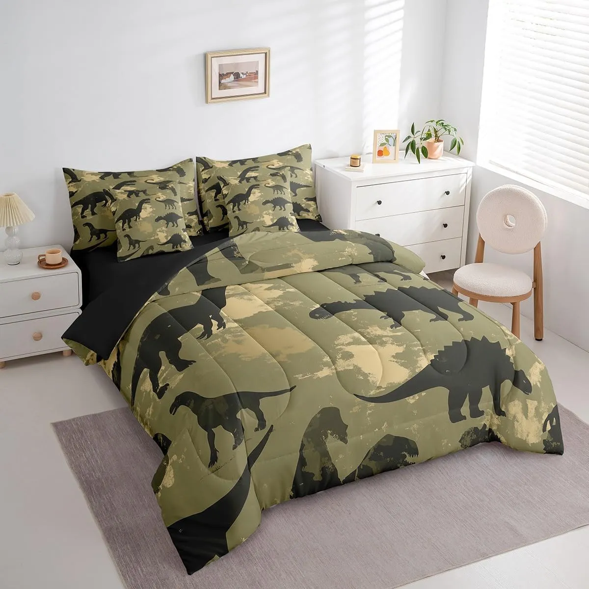Erosebridal Dinosaur Bed in a Bag Queen Comforter Set 7 Piece,Abstract Dino Bedding Sets Jungle Wild Animal Comforter and Sheet Set,Prehistoric Wildlife Dinosaurios Bed Set