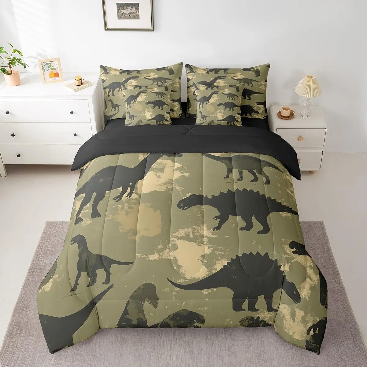Erosebridal Dinosaur Bed in a Bag Queen Comforter Set 7 Piece,Abstract Dino Bedding Sets Jungle Wild Animal Comforter and Sheet Set,Prehistoric Wildlife Dinosaurios Bed Set