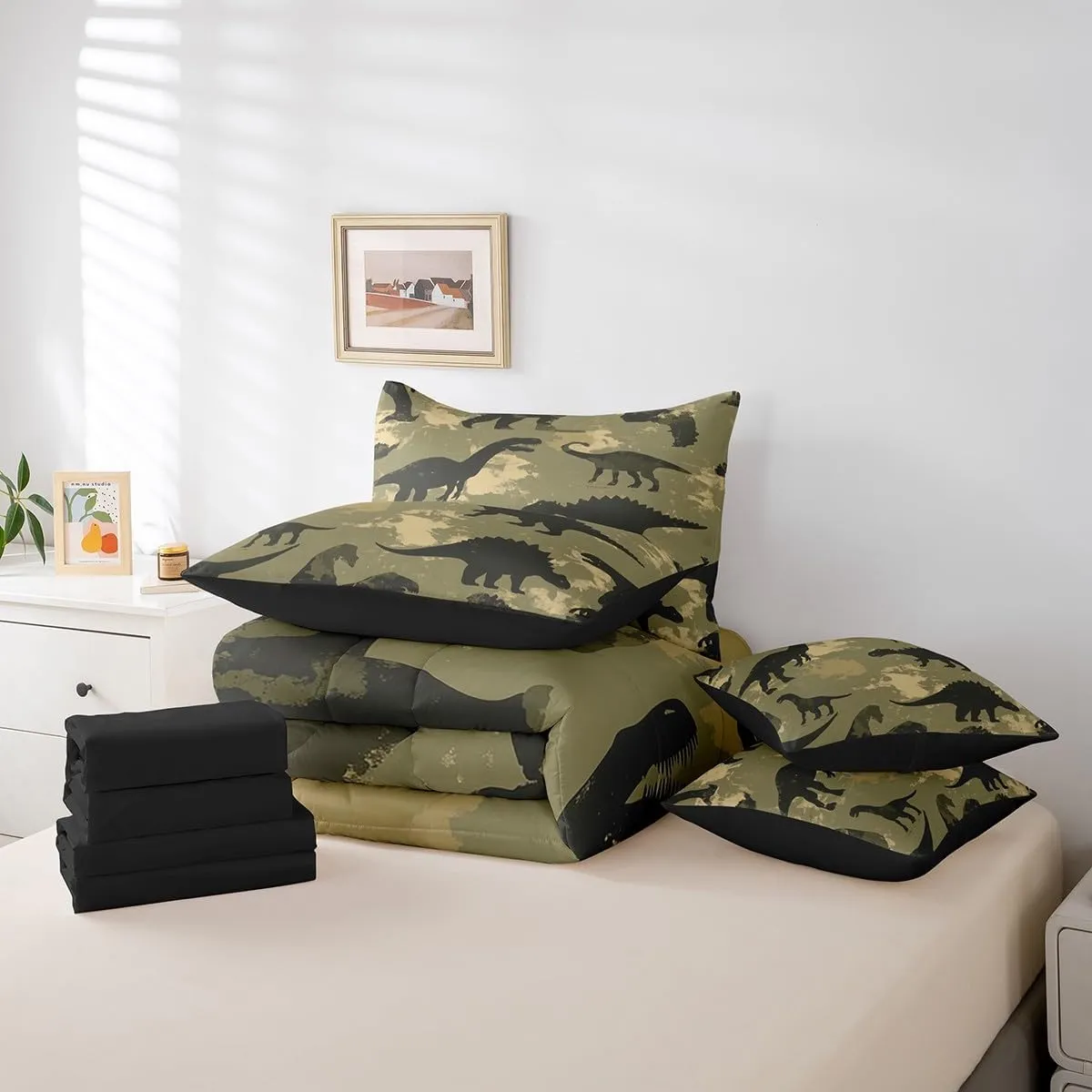 Erosebridal Dinosaur Bed in a Bag Queen Comforter Set 7 Piece,Abstract Dino Bedding Sets Jungle Wild Animal Comforter and Sheet Set,Prehistoric Wildlife Dinosaurios Bed Set