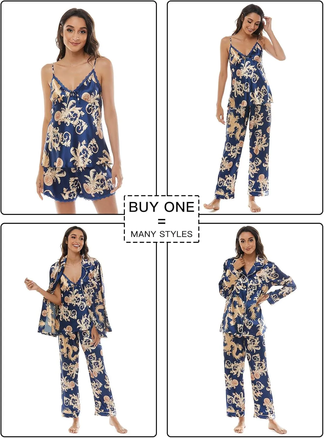 Escalier Womens 5pcs Silk Satin Pajama Set Cami Pjs Sleepwear Button Down Pj Sets Loungewear
