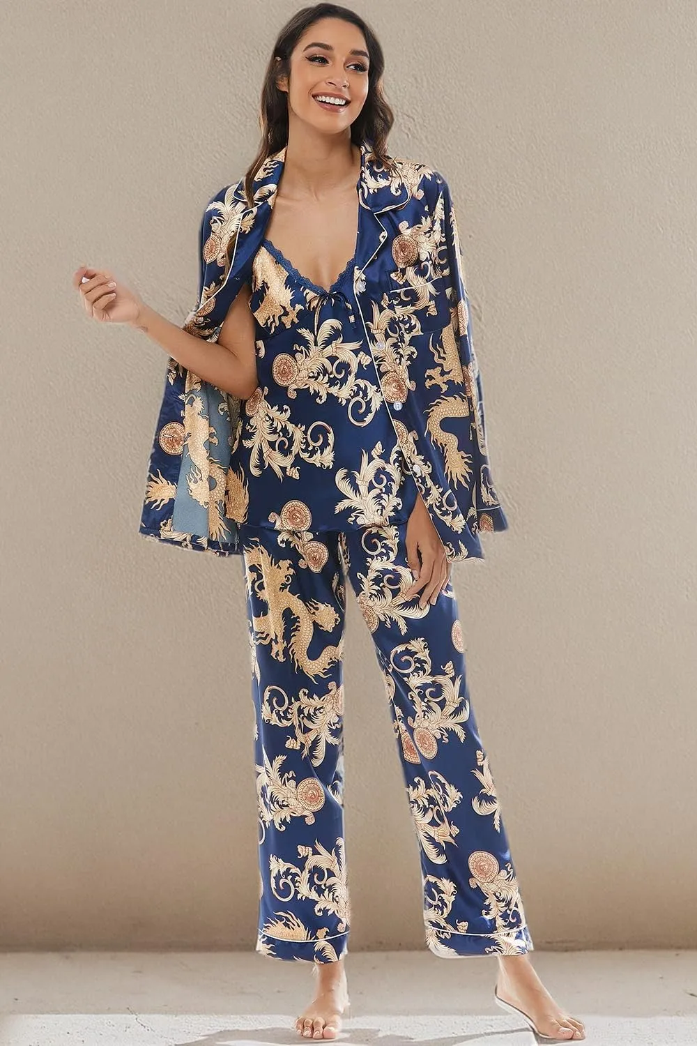 Escalier Womens 5pcs Silk Satin Pajama Set Cami Pjs Sleepwear Button Down Pj Sets Loungewear