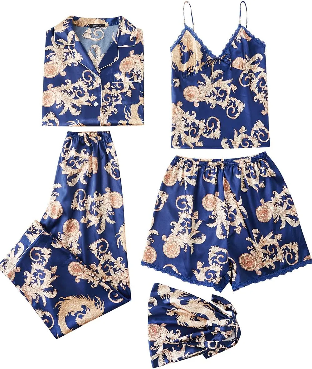 Escalier Womens 5pcs Silk Satin Pajama Set Cami Pjs Sleepwear Button Down Pj Sets Loungewear