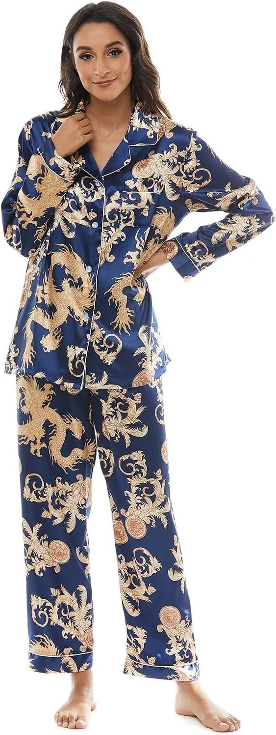 Escalier Womens 5pcs Silk Satin Pajama Set Cami Pjs Sleepwear Button Down Pj Sets Loungewear