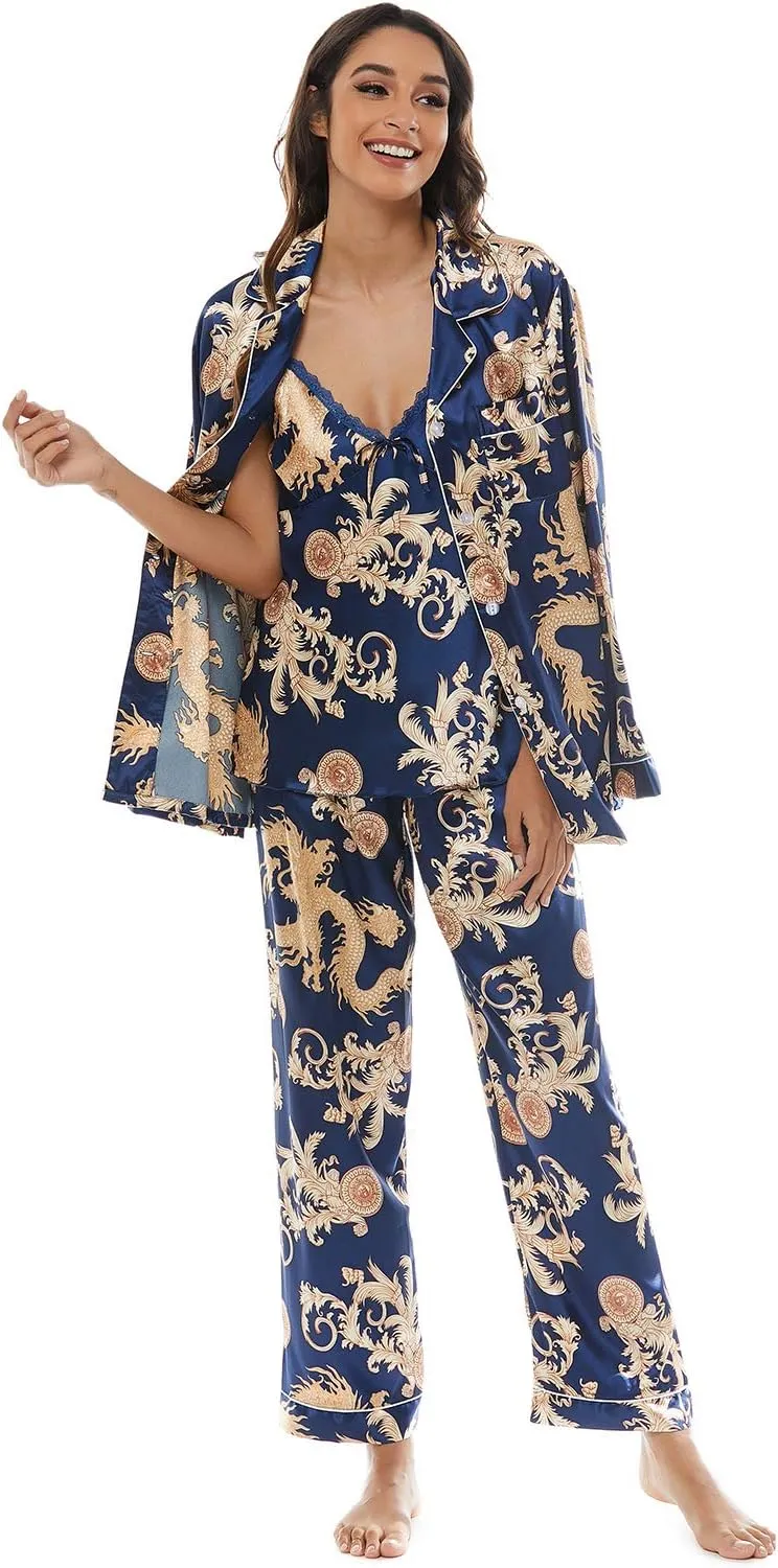 Escalier Womens 5pcs Silk Satin Pajama Set Cami Pjs Sleepwear Button Down Pj Sets Loungewear