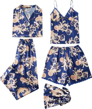 Escalier Womens 5pcs Silk Satin Pajama Set Cami Pjs Sleepwear Button Down Pj Sets Loungewear