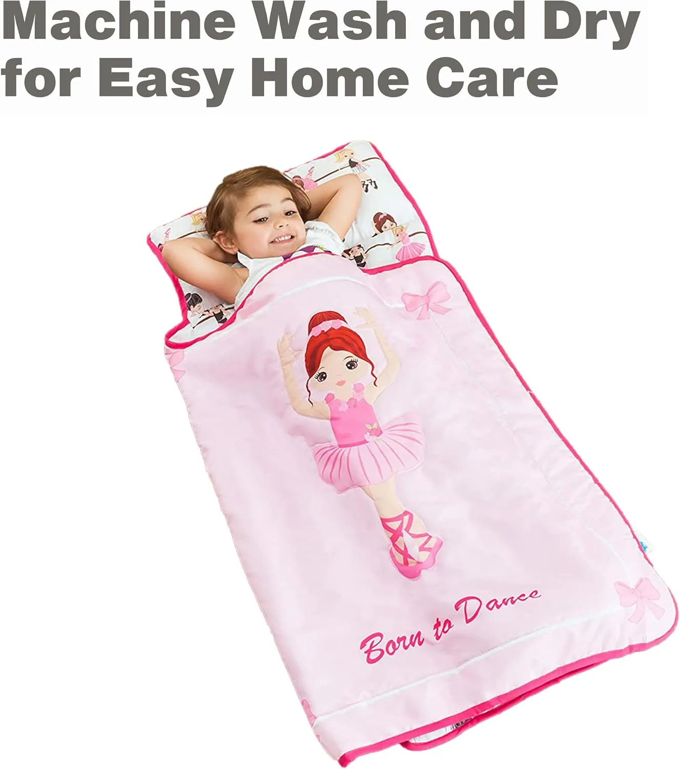 EVERYDAY KIDS Toddler Nap Mat with Removable Pillow -Born to Dance Ballerina- Carry Handle with Straps Closure, Rollup Design, Soft Microfiber for Preschool, Daycare, Sleeping Bag - Ages 2-6 Years