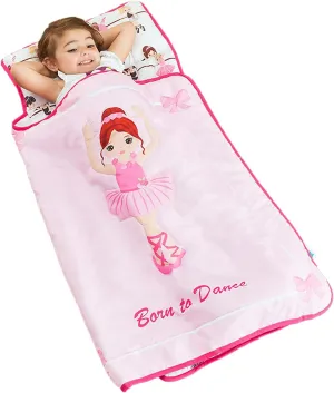 EVERYDAY KIDS Toddler Nap Mat with Removable Pillow -Born to Dance Ballerina- Carry Handle with Straps Closure, Rollup Design, Soft Microfiber for Preschool, Daycare, Sleeping Bag - Ages 2-6 Years