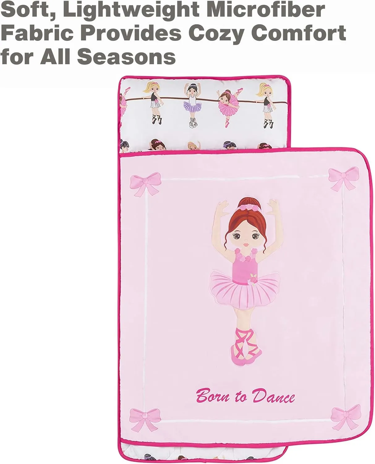 EVERYDAY KIDS Toddler Nap Mat with Removable Pillow -Born to Dance Ballerina- Carry Handle with Straps Closure, Rollup Design, Soft Microfiber for Preschool, Daycare, Sleeping Bag - Ages 2-6 Years