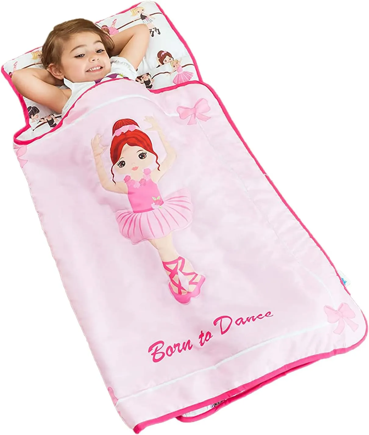 EVERYDAY KIDS Toddler Nap Mat with Removable Pillow -Born to Dance Ballerina- Carry Handle with Straps Closure, Rollup Design, Soft Microfiber for Preschool, Daycare, Sleeping Bag - Ages 2-6 Years