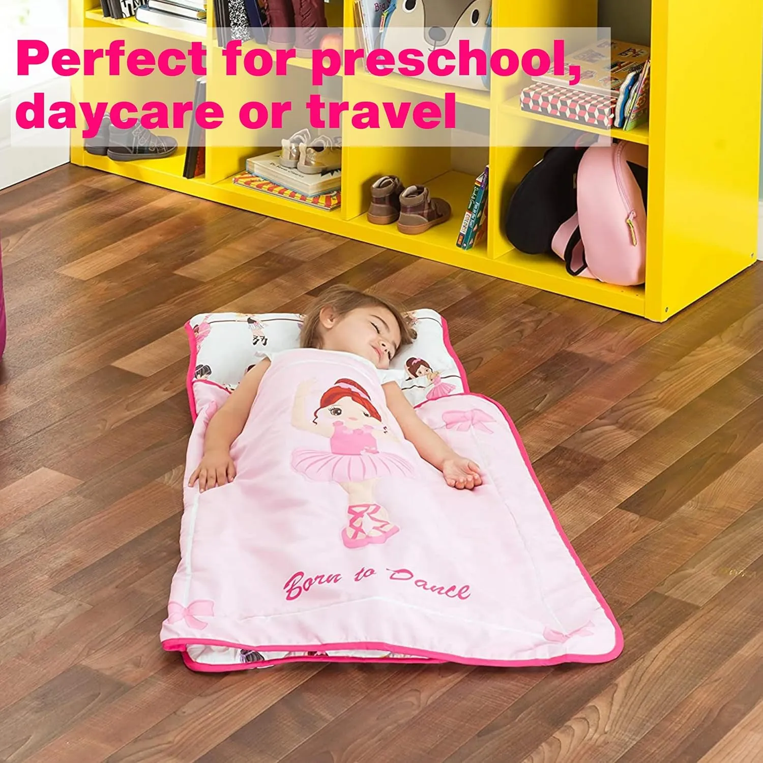 EVERYDAY KIDS Toddler Nap Mat with Removable Pillow -Born to Dance Ballerina- Carry Handle with Straps Closure, Rollup Design, Soft Microfiber for Preschool, Daycare, Sleeping Bag - Ages 2-6 Years