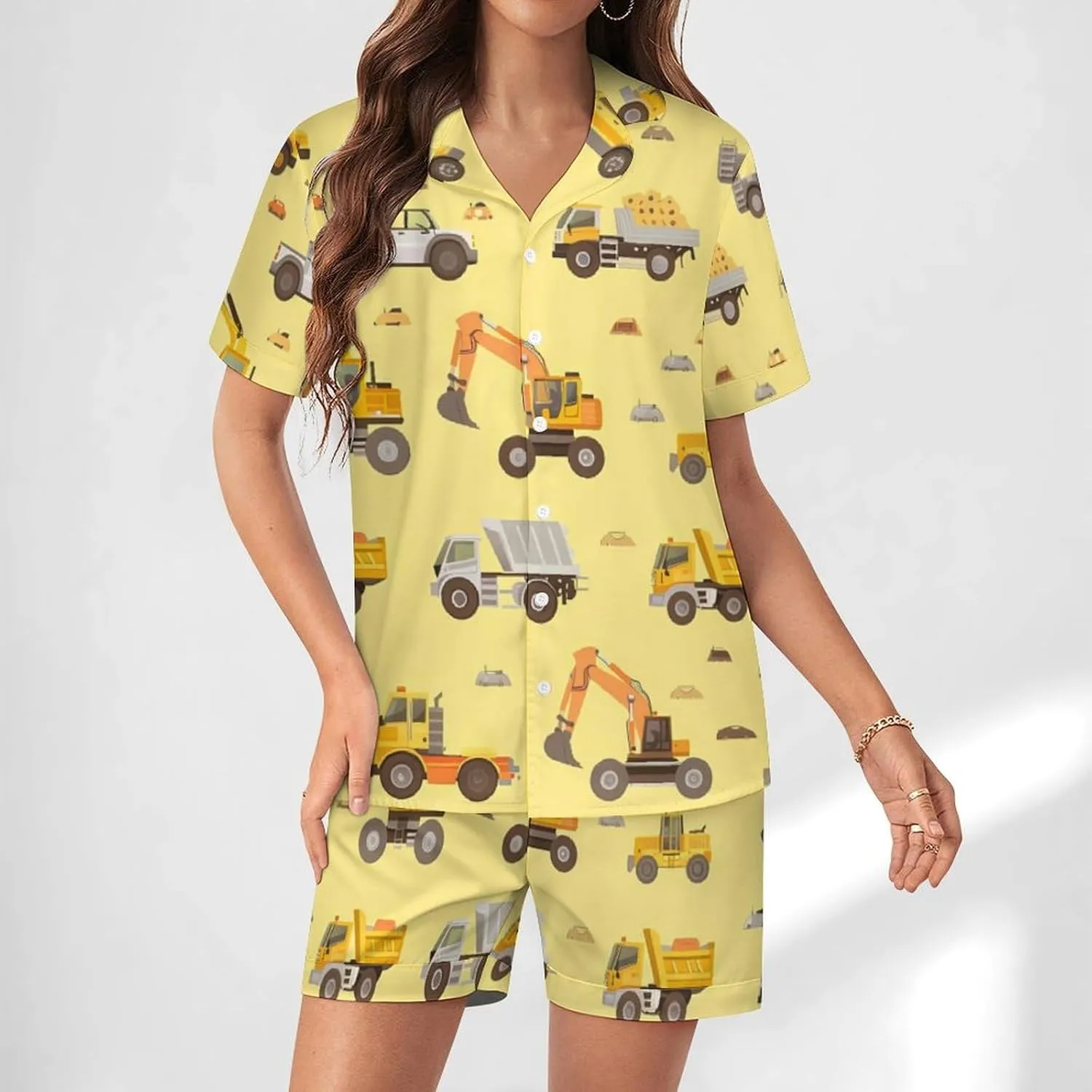Excavator Truck Women's Satin Pajama Set Short Sleeve Button Down Sleepwear Loungewear Pj Set