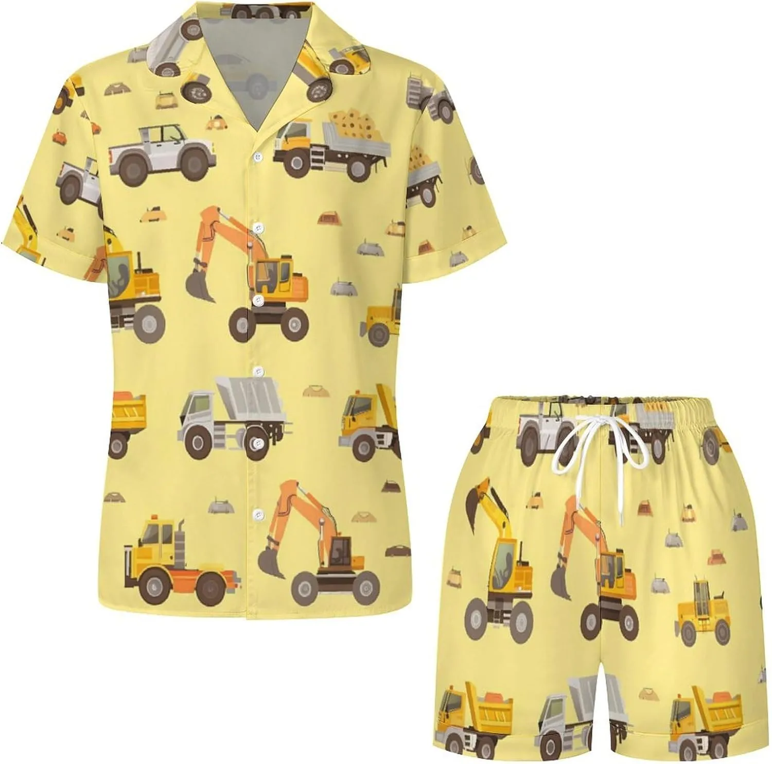 Excavator Truck Women's Satin Pajama Set Short Sleeve Button Down Sleepwear Loungewear Pj Set