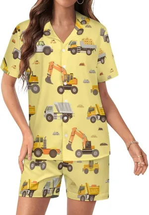 Excavator Truck Women's Satin Pajama Set Short Sleeve Button Down Sleepwear Loungewear Pj Set