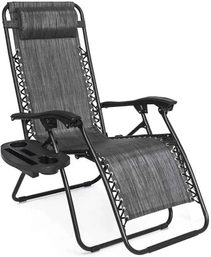 EZONE (1 Chair Zero Gravity Lounge Chair Outdoor Adjustable Reclining Patio Chair Steel Mesh Folding Recliner for Pool Beach Camping Lounge Chair with Pillows and Cup Tray (1, Grey)