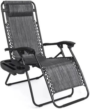 EZONE (1 Chair Zero Gravity Lounge Chair Outdoor Adjustable Reclining Patio Chair Steel Mesh Folding Recliner for Pool Beach Camping Lounge Chair with Pillows and Cup Tray (1, Grey)
