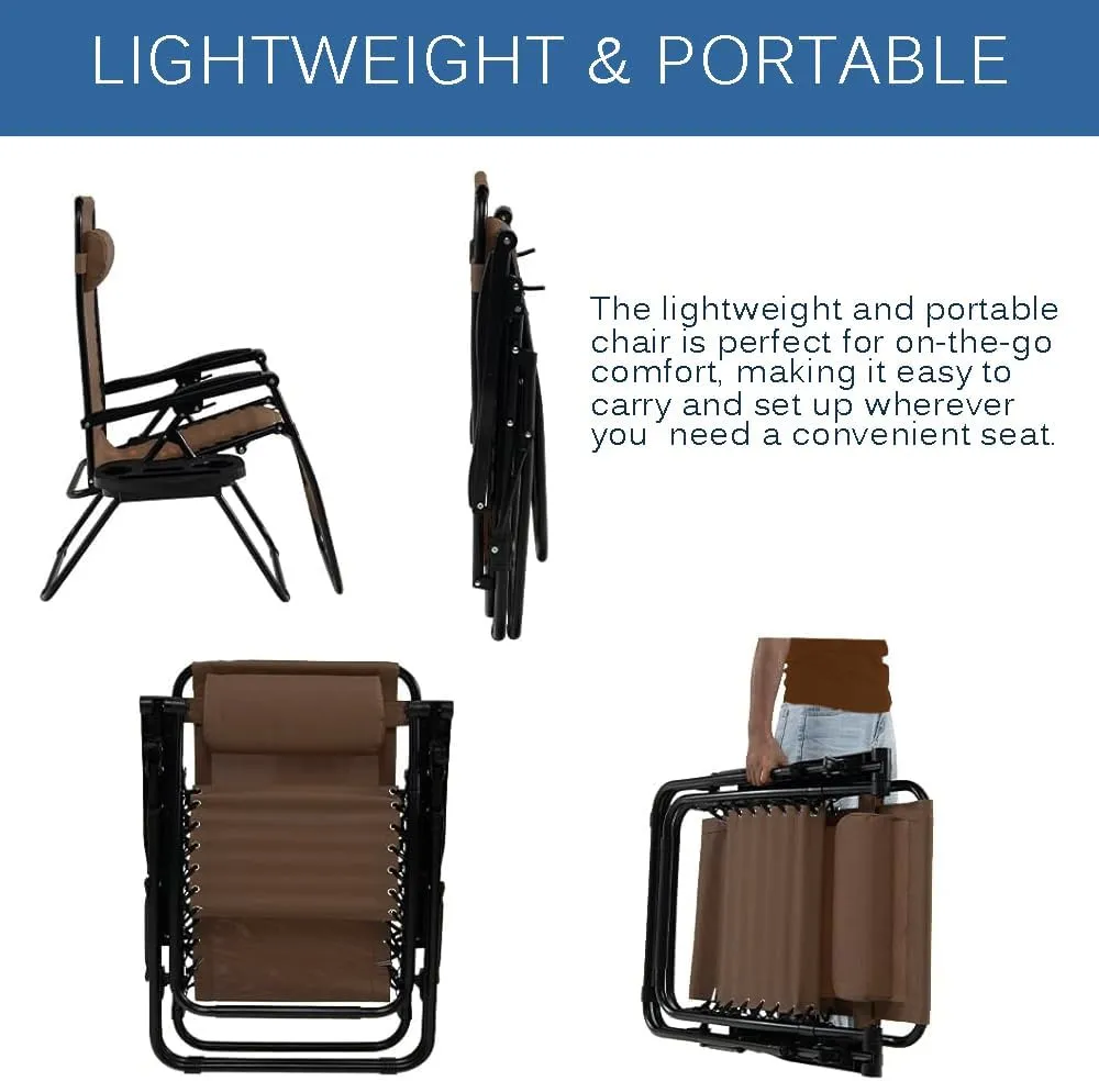 EZONE 1 Chair Zero Gravity Lounge Chairs Outdoor Adjustable Reclining Patio Chair Steel Mesh Folding Recliner for Pool Beach Camping Lounge Chair with Pillows and Cup Tray (1, Brown)
