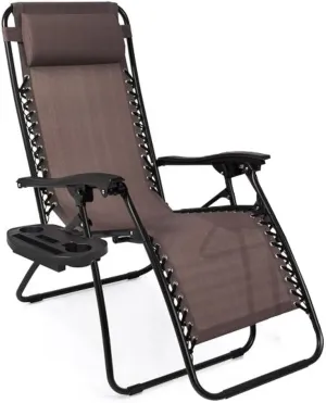 EZONE 1 Chair Zero Gravity Lounge Chairs Outdoor Adjustable Reclining Patio Chair Steel Mesh Folding Recliner for Pool Beach Camping Lounge Chair with Pillows and Cup Tray (1, Brown)