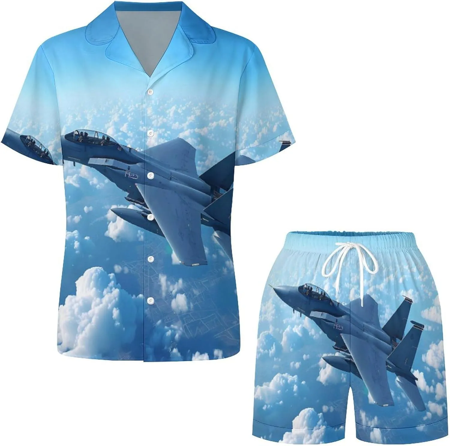 F-15 Eagle Jet Plane Women's Satin Pajama Set Short Sleeve Button Down Sleepwear Loungewear Pj Set