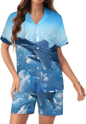 F-15 Eagle Jet Plane Women's Satin Pajama Set Short Sleeve Button Down Sleepwear Loungewear Pj Set