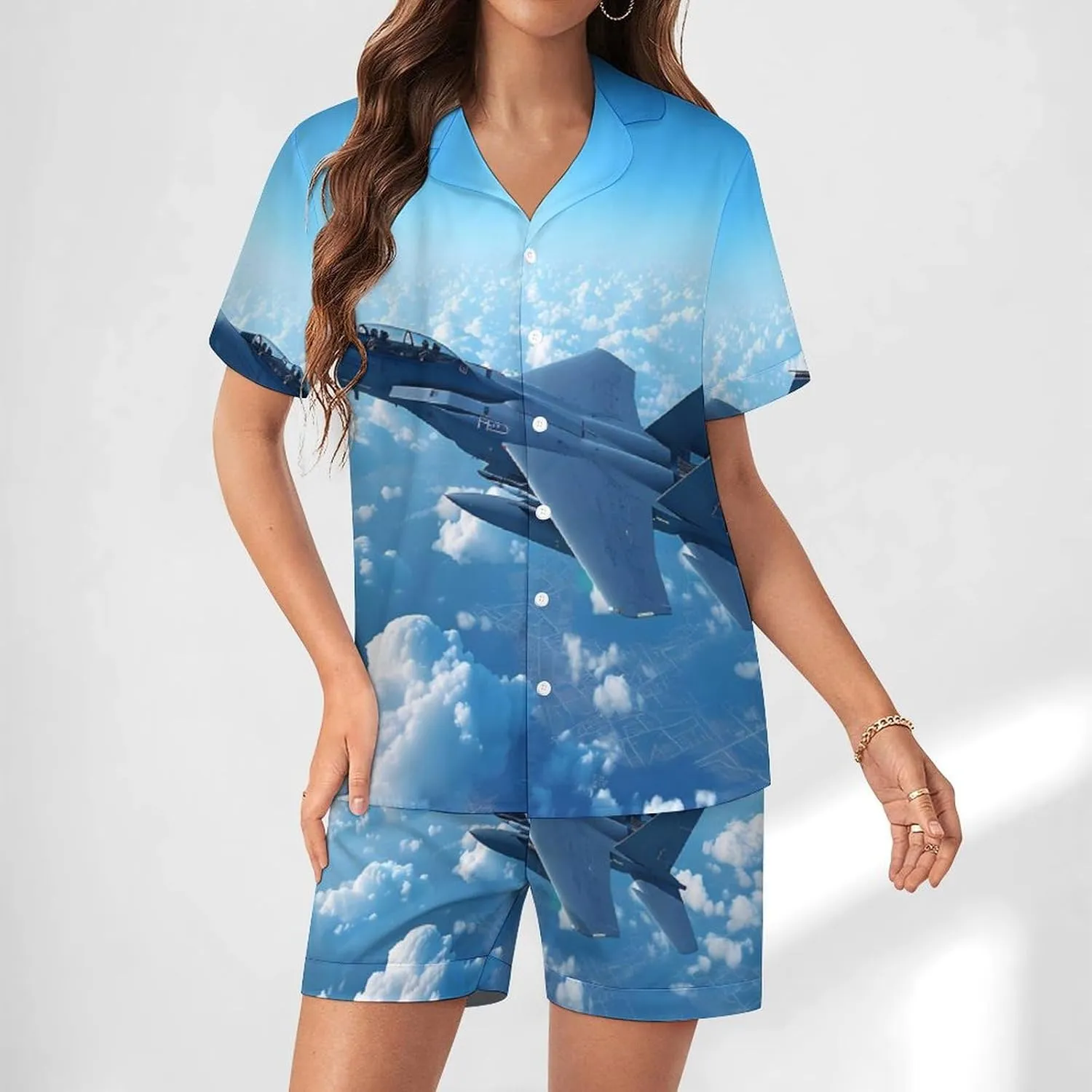F-15 Eagle Jet Plane Women's Satin Pajama Set Short Sleeve Button Down Sleepwear Loungewear Pj Set