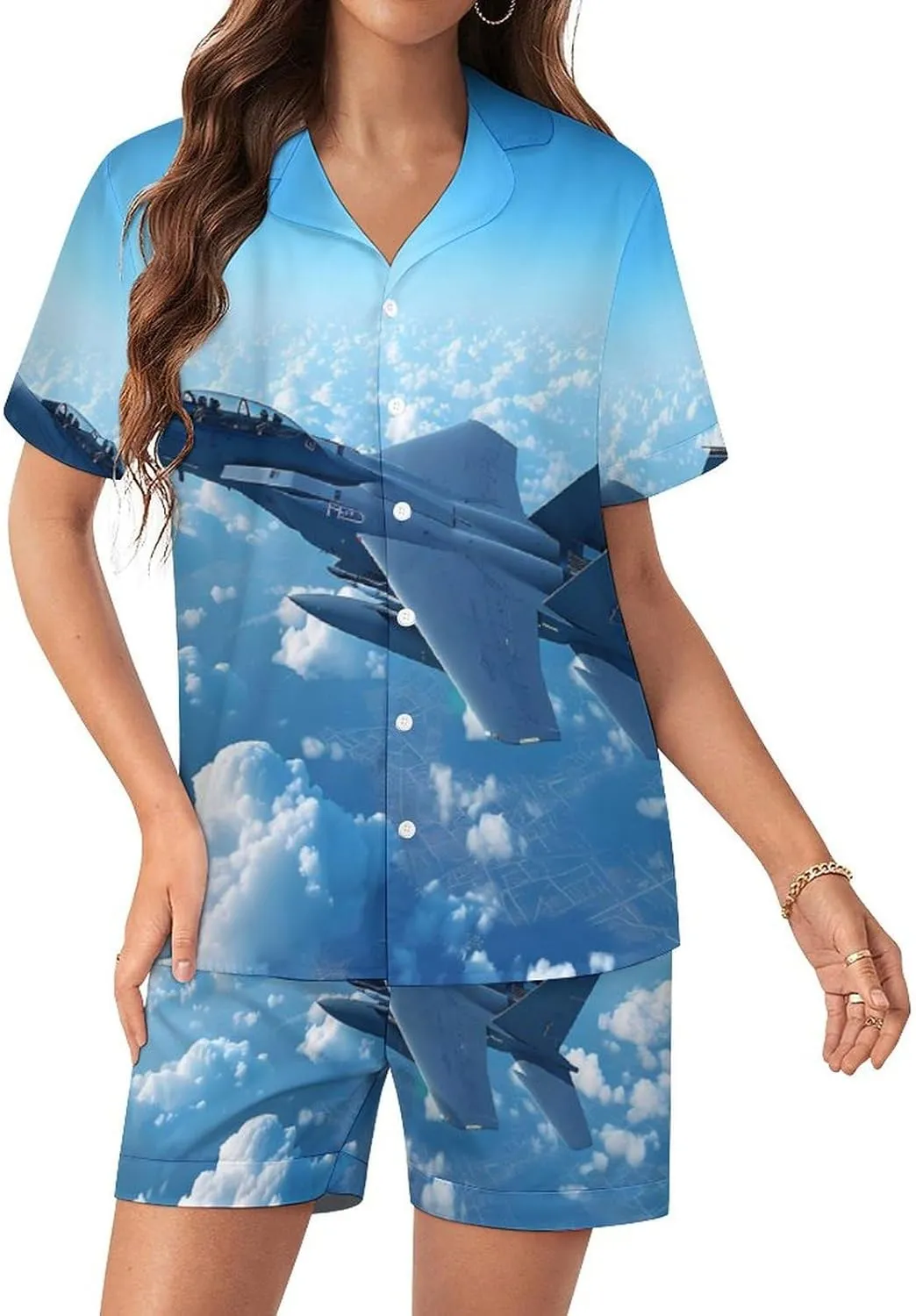 F-15 Eagle Jet Plane Women's Satin Pajama Set Short Sleeve Button Down Sleepwear Loungewear Pj Set