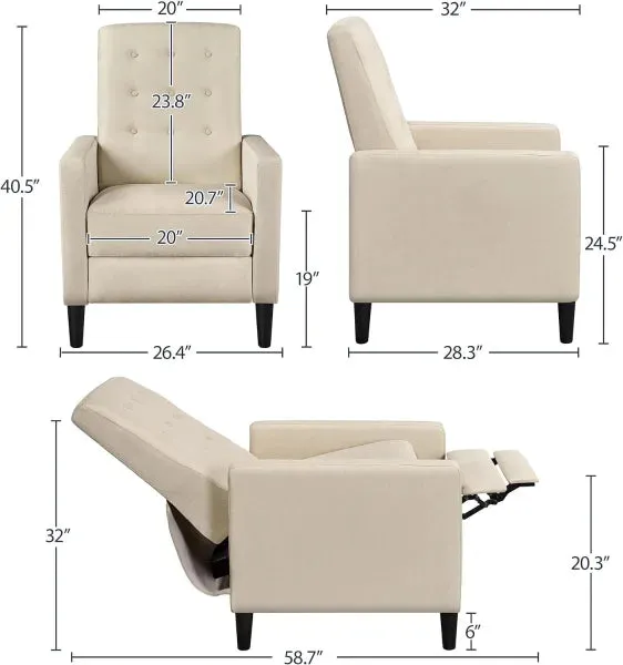 Fabric Recliner Chair - Mid-Century Modern Adjustable Single Sofa with Tufted Upholstered Cushion