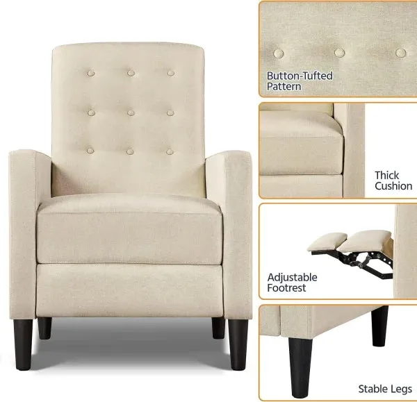 Fabric Recliner Chair - Mid-Century Modern Adjustable Single Sofa with Tufted Upholstered Cushion